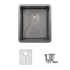 Stylish 16 inch Graphite Black Single Bowl Undermount Stainless Steel Bar Sink with Grid and Basket Strainer