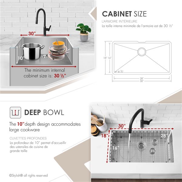 Évier de cuisine simple sous plan Styluxe Agate de Stylish en acier inoxydable 30 po x 18 po