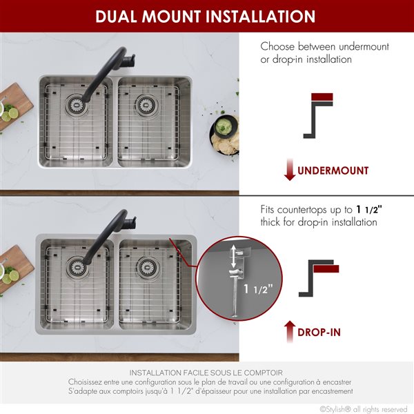 Évier de cuisine double à double montage de Stylish, 29 po en acier inoxydable
