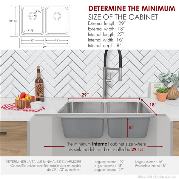 Évier de cuisine double à double montage de Stylish, 29 po en acier inoxydable