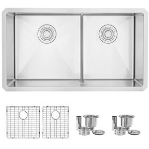 Stylish 32-in Low Divider 60-40 Double Bowl Undermount Kitchen Sink