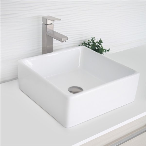 Vasque de salle de bain carrée en porcelaine blanche de Stylish, 15 po x 15 po