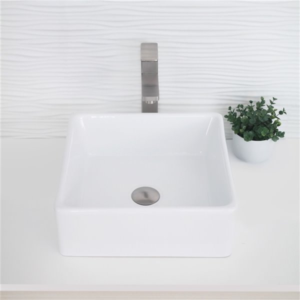 Vasque de salle de bain carrée en porcelaine blanche de Stylish, 15 po x 15 po