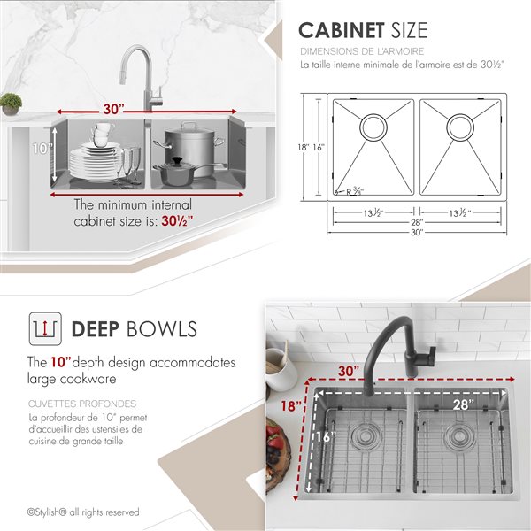 Stylish Styluse Onyx 30-in x 18-in Double Bowl Undermount Stainless Steel Kitchen Sink