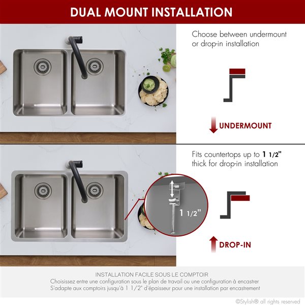 Stylish 29-in Double Bowl Dual-Mount Stainless Steel Kitchen Sink