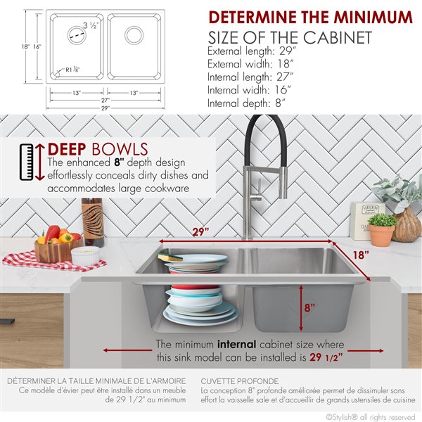 Stylish 29-in Double Bowl Dual-Mount Stainless Steel Kitchen Sink