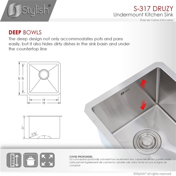 Stylish 15-in Single Bowl Undermount Stainless Steel Kitchen Sink