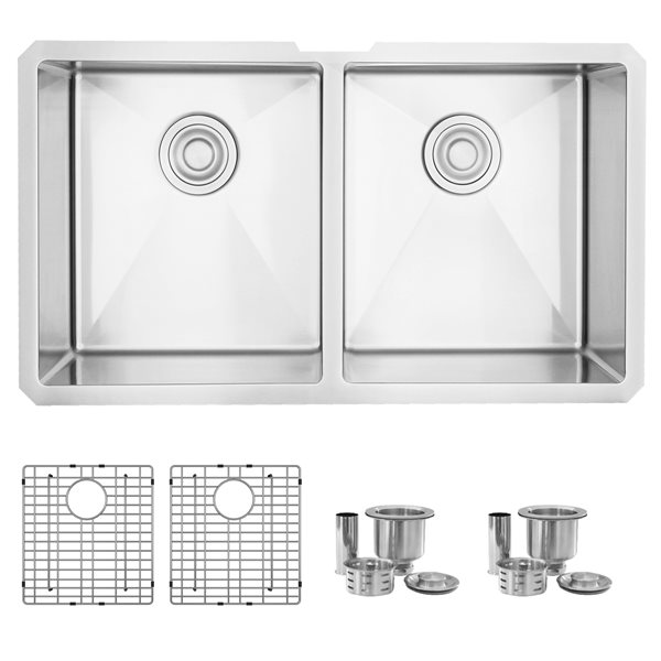 Évier de cuisine double sous plan Styluxe Zircon de Stylish avec grilles, 32 po x 18 po