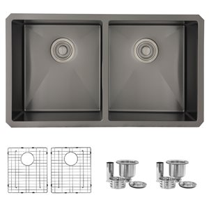 Stylish 32 inch Graphite Black Double Bowl Undermount Stainless Steel Kitchen Sink with Grids and Basket Strainers