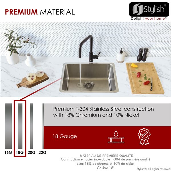 Stylish 23-in Dual Mount Single Bowl Stainless Steel Kitchen Sink