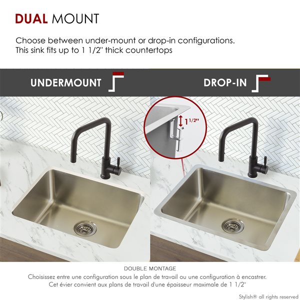 Stylish 23-in Dual Mount Single Bowl Stainless Steel Kitchen Sink