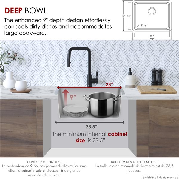 Stylish 23-in Dual Mount Single Bowl Stainless Steel Kitchen Sink