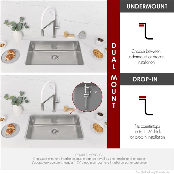 Stylish 30-in Single Bowl Dual-Mount Stainless Steel Kitchen Sink