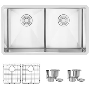 Stylish 32-in Slim Low Divider Double Bowl Undermount Kitchen Sink