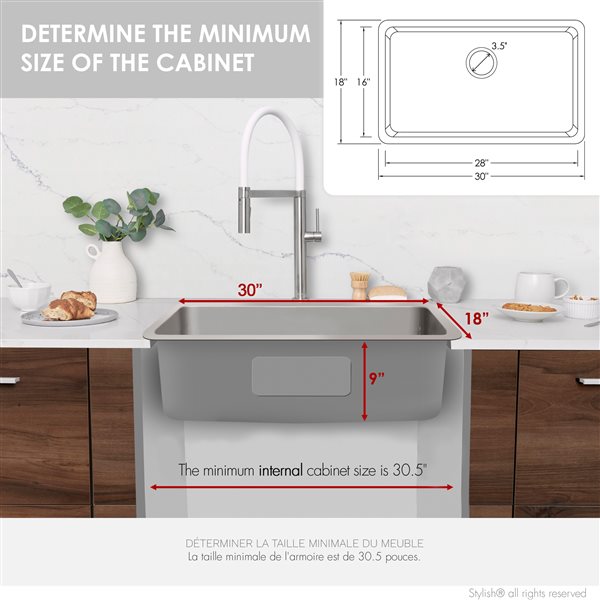 Évier de cuisine simple à double montage de Stylish avec grilles, 30 po en acier inoxydable