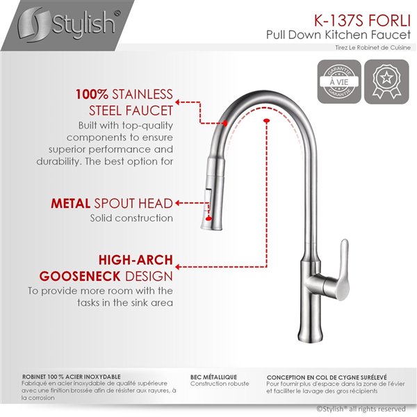 Stylish Forli Stainless Steel 1-Handle Deck Mount High-Arc Handle/Lever Kitchen Faucet