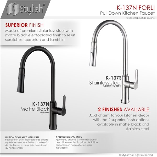 Stylish Forli Matte Black 1-Handle Deck Mount High-Arc Handle/Lever Kitchen Faucet