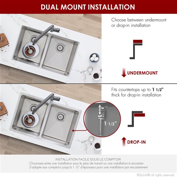 Stylish 31-in Double Bowl Dual-Mount Stainless Steel Kitchen Sink