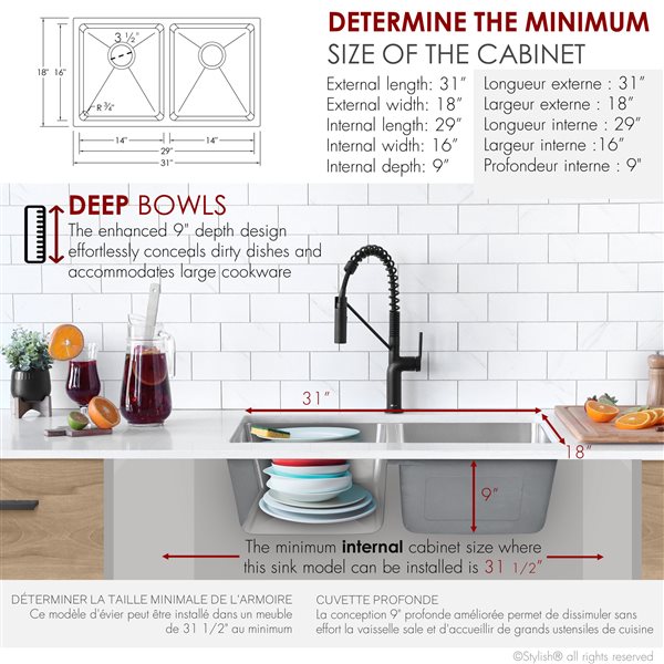 Stylish 31-in Double Bowl Dual-Mount Stainless Steel Kitchen Sink