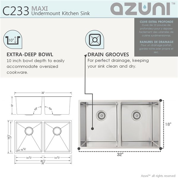 Azuni 32-in Double Bowl Dual-Mount Stainless Steel Kitchen Sink With Trivet