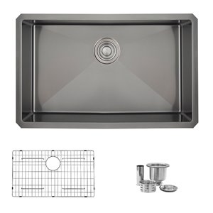 Stylish 30 inch Graphite Black Single Bowl Undermount Stainless Steel Kitchen Sink with Grid and Basket Strainer