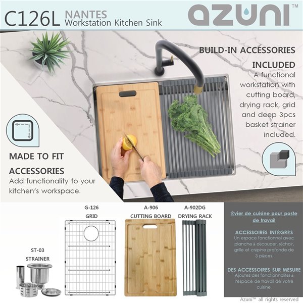 Azuni 25-in Undermount Single Bowl Kitchen Sink Worksation with Accessories