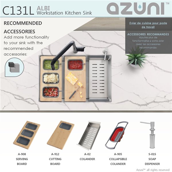 Azuni 30-in Undermount Single Bowl Kitchen Sink Workstation with Accessories