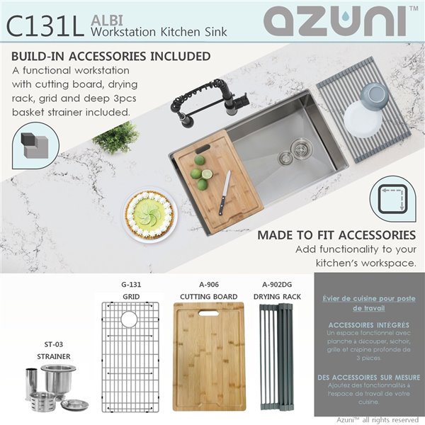 Azuni 30-in Undermount Single Bowl Kitchen Sink Workstation with Accessories