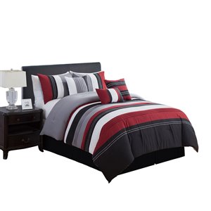 Ensemble de couette à rayures grises et rouges par Myne, très grand lit, 7 mcx