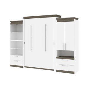 Bestar Orion Walnut Grey & White Queen Murphy Bed Integrated Storage