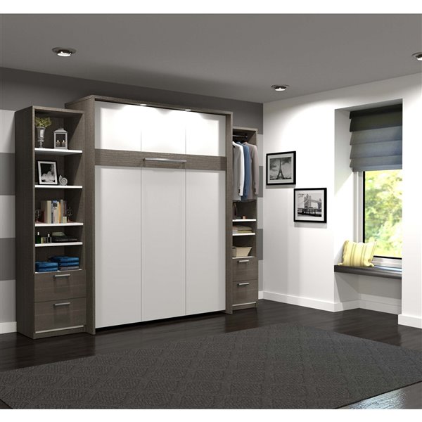 Bestar Cielo Queen Murphy Bed Integrated Storage in Bark Grey & White