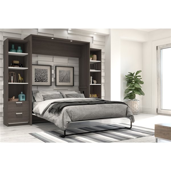 Bestar Cielo Queen Murphy Bed Integrated Storage in Bark Grey & White