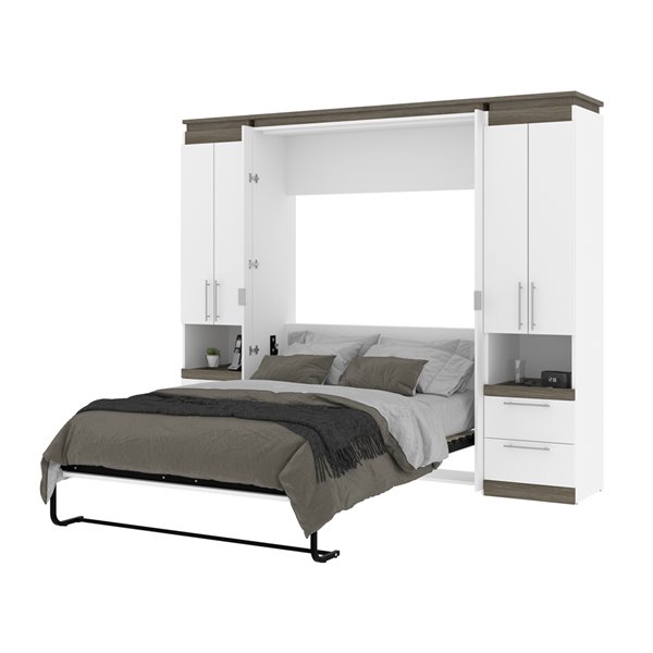 Bestar Orion Full Murphy Bed with Integrated Storage in White & Walnut Grey