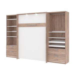 Lit escamotable double Cielo de Bestar, blanc et brun rustique, rangement intégré
