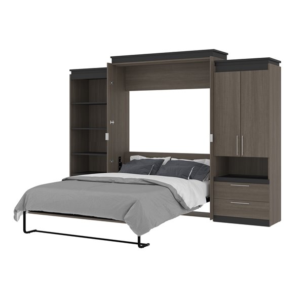 Bestar Orion Queen Murphy Bed Integrated Storage in Bark grey & Graphite