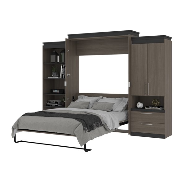 Bestar Orion Queen Murphy Bed Integrated Storage in Bark grey & Graphite