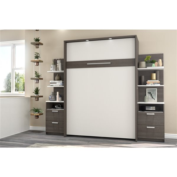 Bestar Cielo Bark Grey & White Full Murphy Bed Integrated Storage