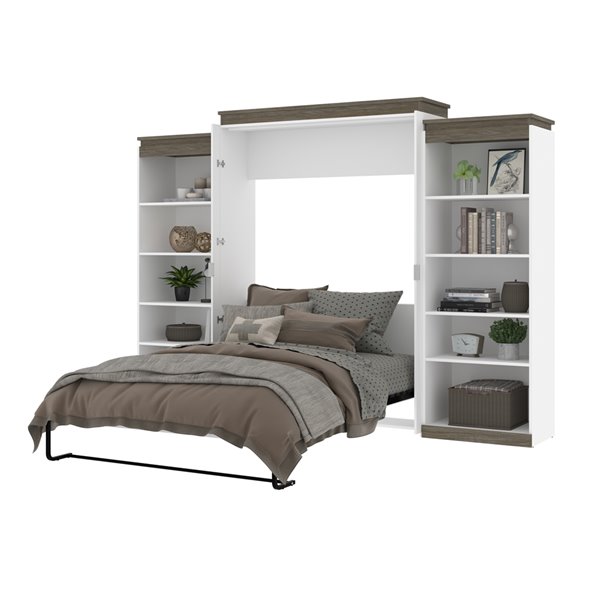 Bestar Orion White & Walnut Grey Queen Murphy Bed Integrated Storage