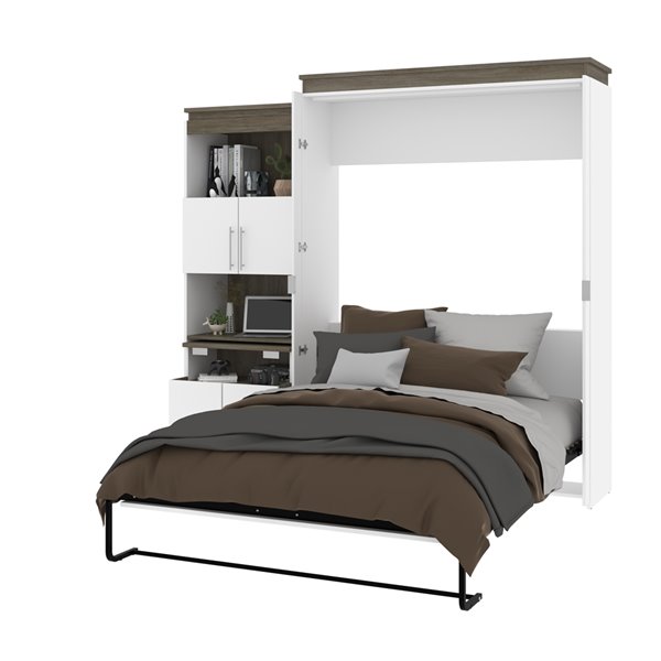 Bestar Orion Queen Murphy Bed Integrated Storage - Walnut Grey & White