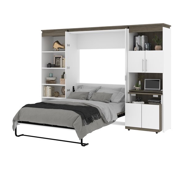 Bestar Orion White & Walnut Grey - Full Murphy Bed Integrated Storage