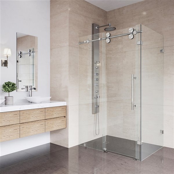 VIGO Winslow 74-in x 34.63-in to 46.5-in Frameless Bypass/Sliding Stainless Steel Shower Door (Clear Glass)