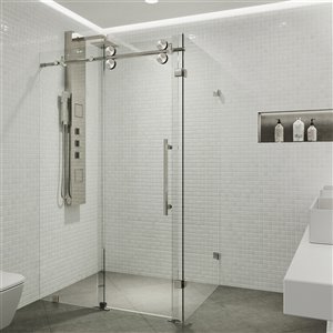 VIGO Winslow 74-in x 34.63-in to 46.5-in Frameless Bypass/Sliding Stainless Steel Shower Door (Clear Glass)