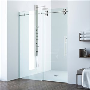 VIGO Elan 74-in x 56-in to 60-in Frameless Bypass/Sliding Stainless Steel/Clear Glass Shower Door