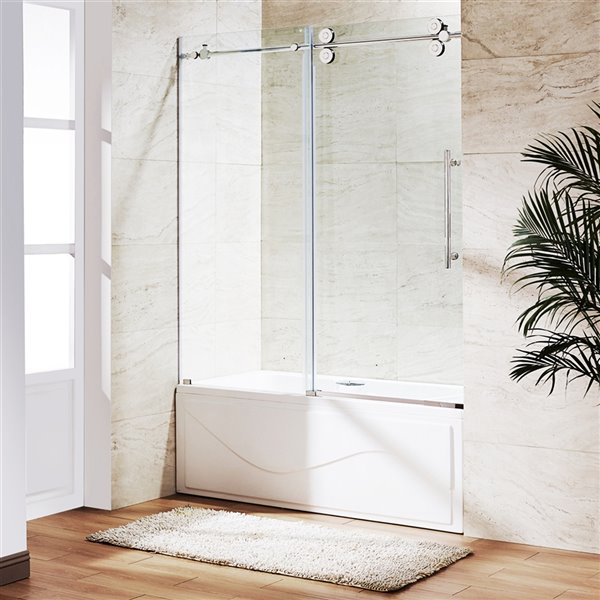 Porte de baignoire Elan de VIGO sans cadre et coulissante, 66 po x 56 à 60 po, chrome (verre clair)