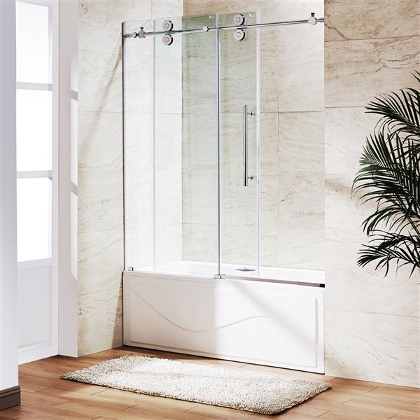 Porte de baignoire Elan de VIGO sans cadre et coulissante, 66 po x 56 à 60 po, chrome (verre clair)