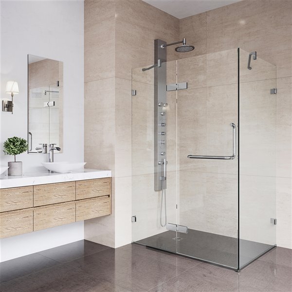 VIGO Monteray 73.38-in x 34.13-in to 46-in Frameless Hinged Chrome Shower Door (Clear Glass)