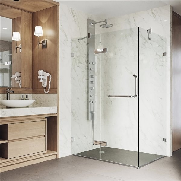 VIGO Monteray 73.38-in x 34.13-in to 46-in Frameless Hinged Chrome Shower Door (Clear Glass)