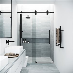 Porte de douche Elan de VIGO sans cadre et coulissante, 76 po x 68 à 72 po, noir mat (verre clair)