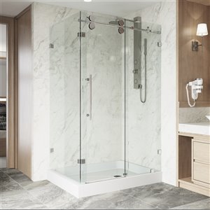 Porte de douche Winslow de VIGO sans cadre et coulissante, 79,38 po x 36,13 à 48,13 po, chrome (verre clair)