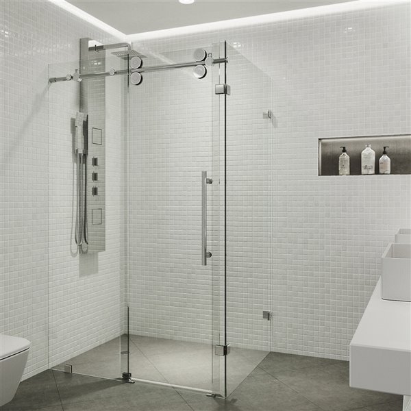 Porte de douche Winslow de VIGO sans cadre et coulissante, 74 po x 34,63 à 46,5 po, chrome (verre clair)